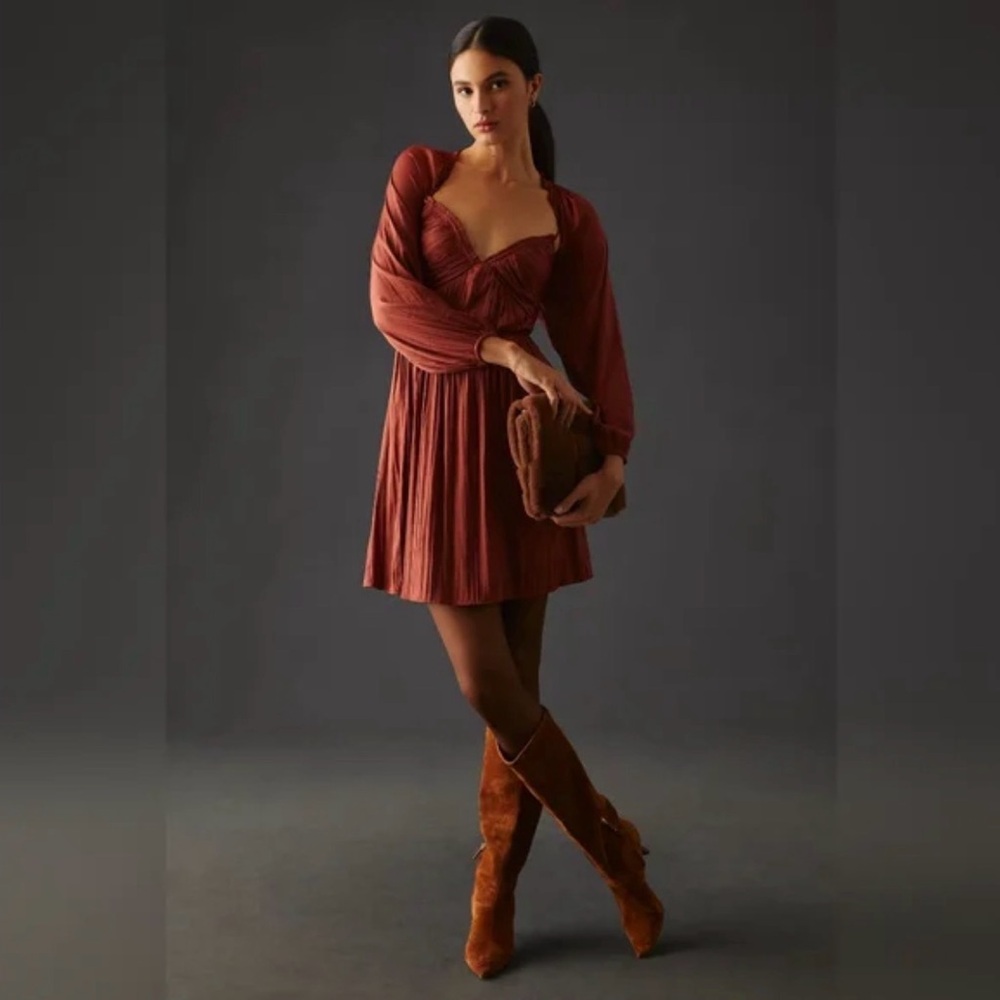 Anthropologie Bronze Long Sleeve Shirred Cutout Mini Dress